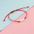 Detailed view of adjustable red braided cord with a silver rectangular polished metal tag - Steel Color Red Rope