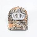 Close-up of pearl-encrusted crown and rhinestone trim on floral baseball cap - Adjustable / Brown Crown