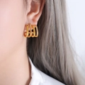 Golden multi-layer claw earrings with zircon inlay shown on a model - F910 White Rhinestone Earrings