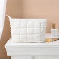Portable white quilted nylon makeup bag for travel with large capacity storage - Clutch Bag / White