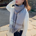 Thick grey blue and white striped knit scarf with fringe tassels for winter warmth - Grey Blue White Striped / Gray