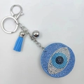 Blue evil eye keychain with sparkling rhinestones and matching tassel pendant - Sky Blue
