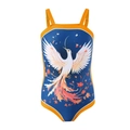 Girls royal blue one-piece swimsuit with phoenix print and bright orange trim - 104 / Earth Yellow/Royal Blue Phoenix