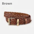 Handcrafted brown braided leather belt for women with a vintage rectangular needle buckle - Brown