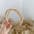 Baroque double-layer headband with white pearls and amber crystals in golden alloy - Pearl Pink