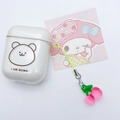 Transparent AirPods case with black bear print and cute pink cherry fruit charm strap - With Earphone Case / Rose Red Cherry