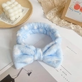 Sky blue coral fleece headband with white polka dots and oversized bow for skincare - Blue Polka Dot