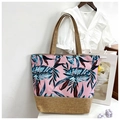Pink floral canvas tote bag with brown jute bottom and blue leaf pattern details - Red Blue Small Leaf