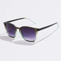 Detail view of square sunglasses with olive to mint green gradient frame and purple lenses - Gradient Green with Double Grey Lenses