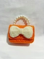 Mini orange tweed handbag for girls with large pearl bow and elegant pearl handle - Horizontal Orange