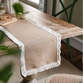 Beige jute table runner with elegant white fringe tassels for rustic dining decor - White Fringe