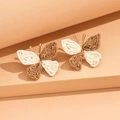 Handmade raffia butterfly earrings in brown and white weave with golden metallic frames - Beige Coffee