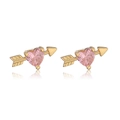 Detail of pink heart stud earrings with golden arrow design and polished finish - Gold Pink Cupid Arrow Heart