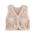 Detail of apricot V-neck vest featuring white floral embroidery and delicate lace trim - S / Camel (White Flower)
