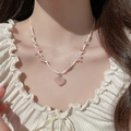Collier avec pendentif cœur rose, chaîne en corde crème tissée et perles étoiles - 51# Choker en corde tissée en forme de cœur rose