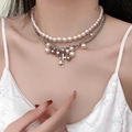 Elegant multi-layer pearl necklace with silver cross and teardrop pendants for women - Multi-Layer Cross Pearl Pendant Necklace (DX0391) / Silver