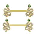 Paire de piercings téton serpent dorés avec zircons blancs et yeux en pierre verte - Forme Serpent Dorée