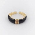 Detail of gold-plated ring featuring black enamel inlay and two rows of tiny zircons - Adjustable Open / Black