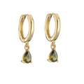18K gold hoop earrings with olive green teardrop zircon pendants and classic 3-prong setting - Olive Green