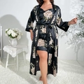 Damen Schlafanzug-Set aus schwarzer Seide mit Blumenmuster, Bademantel und Nachthemd - 3XL / Schwarzes Blumen-2-Teiler-Set