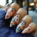 Floral almond press-on nails with hand-painted watercolor flowers and gold edges - Glue Type / Hand-painted Floral Style (Y-483)