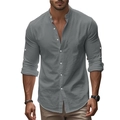 Detail of dark gray cotton linen shirt showing stand collar and buttoned placket - S / Iron Grey