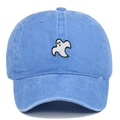Detail of white ghost embroidery on blue washed cotton baseball cap with vintage finish - Light Blue
