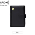 Black RFID blocking passport holder with golden airplane logo and textured leather finish - Black