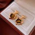 Detail of vintage gold-plated heart earrings with tiger eye stone in a jewelry box - Gold Heart Inlaid Tiger Eye Stone (67#)
