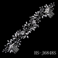 Elegant bridal hair vine with silver crystal beads and pearls on black background - Silver Handmade Crystal Hair Vine (HS-J6848S)