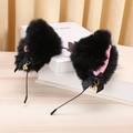 Cute black plush cat ear headband with pink lining, satin bows and golden bells accessory - Black