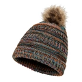 Colorful mixed knit beanie with brown faux fur pom pom on a white background - Rainbow Orange