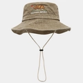 Detail of California Republic bear embroidery and adjustable wind cord on sun hat - One Size / Khaki