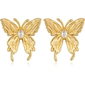 Detail shot of golden bow earrings with sparkling crystal center on a clean white backdrop - YMX03 Butterfly with Stone / Gold