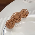 Matte khaki triple camellia flower hair claw clip with elegant hollow rose design - 11cm / Brown