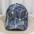Close-up of sparkling silver sequins and geometric white stitching on blue denim cap - No.29/Medium Blue Denim/Geometric Patchwork Sequin
