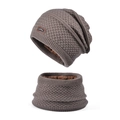 Women's dark brown knitted beanie and neck warmer set with warm fleece lining - Coffee