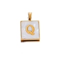 Macro view of square gold pendant featuring a mother of pearl inlay and letter Q detail - Gold Q