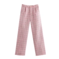 Pantalones de tweed para mujer con cuadros rosa y beige, cintura alta, pierna ancha y holgados - XS / Rosa