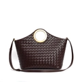 Handwoven dark brown leather tote with round gold handle and slim shoulder strap - Black Brown