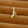 Macro d'un piercing d'oreille en acier doré avec zircons sur fond de velours brun - Barre Courbée Incrustée / Or / 0,1