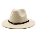 Close-up of beige wool felt fedora hat featuring a black braided leather hatband - Beige