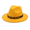 Close-up of bright yellow wool fedora with brown studded band and shell ornaments - M (56-58cm) / Yellow