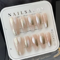 Long trapezoid press-on nails in nude pink with gold foil accents and white brushstrokes - Extra Small (XS) / Long Coffin Socialite Style