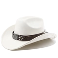 Detail of white western cowboy hat with brown leather band and embossed eagle metal buckle - M (56-58cm) / Cream