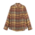 Camicia di lino a quadri da donna con maniche lunghe e tasca in tonalità gialle e marroni - XS