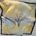 Elegant yellow silk square scarf featuring leopard floral landscape and black border trim - Pale Yellow Pear Blossom Square Scarf / 65