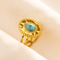 Detail of golden stainless steel ring with teardrop turquoise and hollow band texture - Gold-Light Blue (Turquoise)