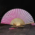 Pink and purple silk folding fan with cherry blossom pattern and bamboo frame - Romantic Moon Flowers