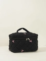 Quilted black makeup bag with pink bow embroidery and convenient top handle - Large Handbag / Black